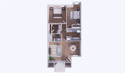 A 3D rendered image of a house layout.